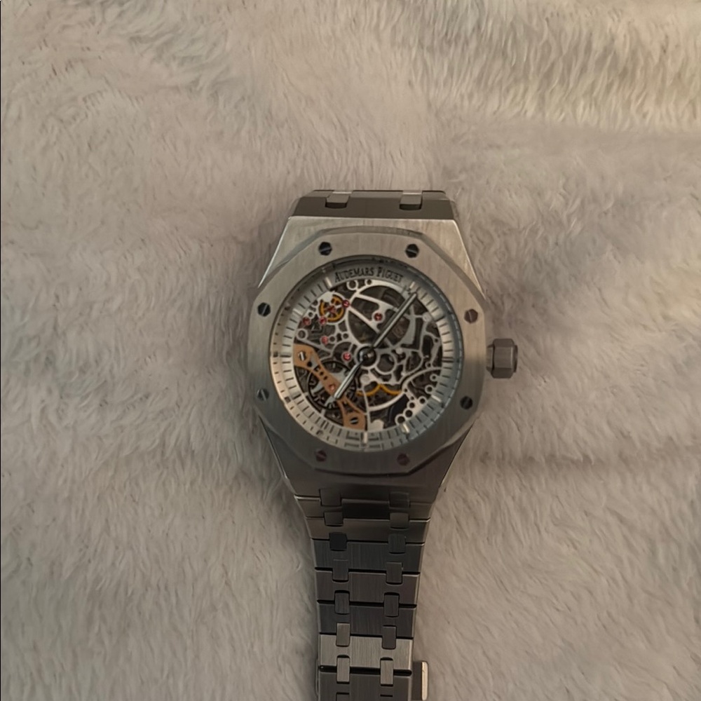Silver Automatic Skeleton Watch with Stainless Steel Bracelet